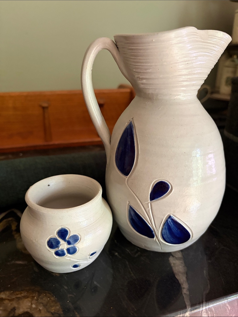 Cream Ceramic Pitcher and Vase Set with Blue Floral Accents